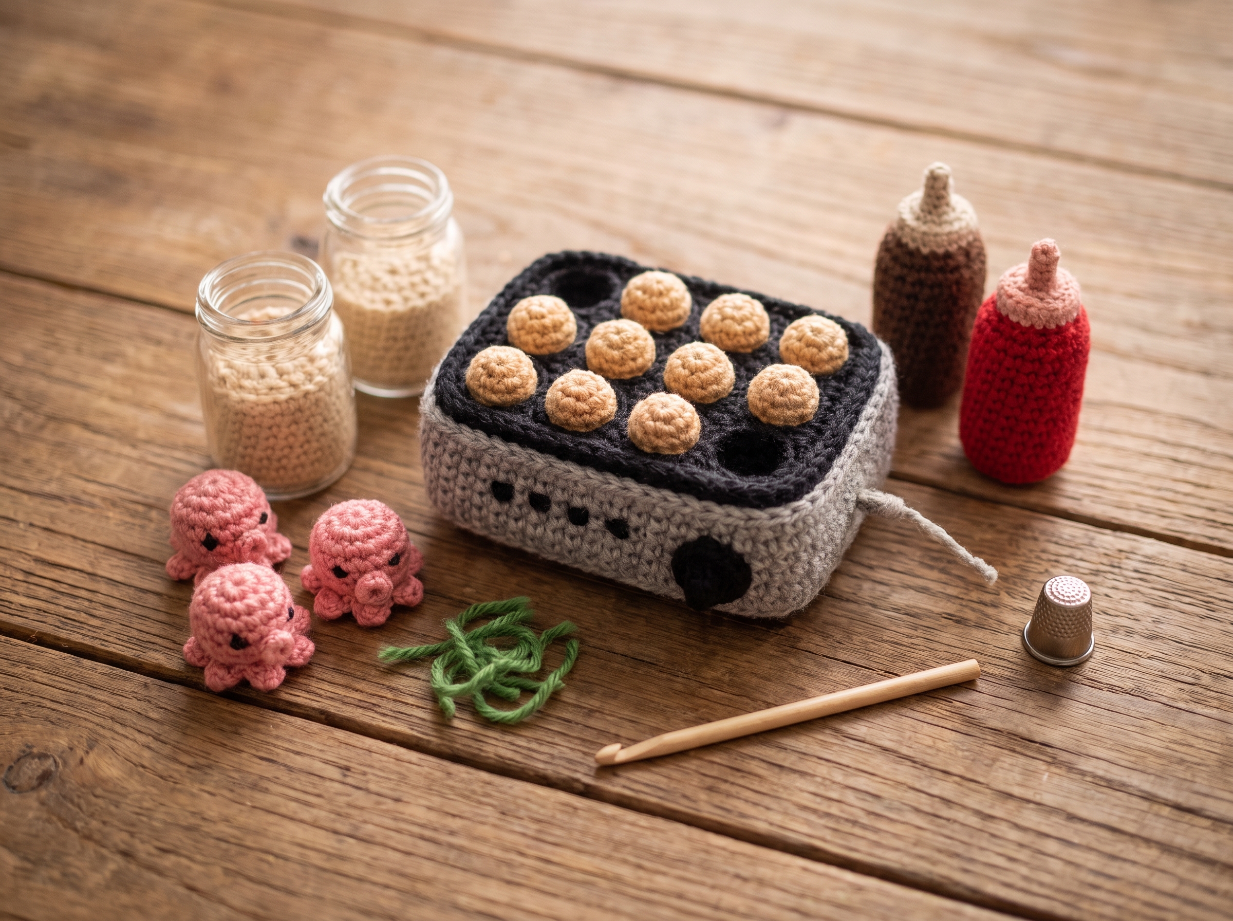 Ingredientes de estambre utilizados en la creación de videos cocina crochet IA.