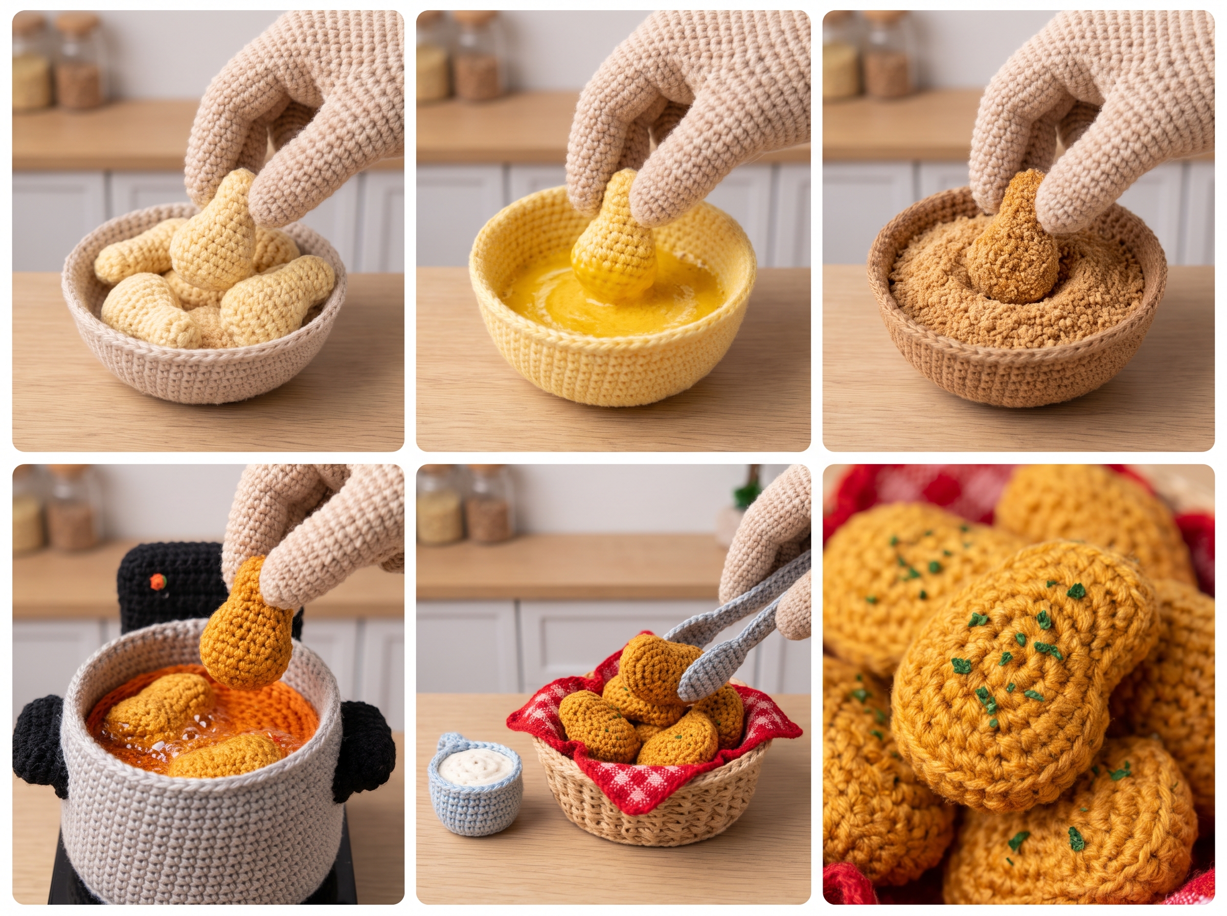 Proceso de preparación de nuggets de pollo miniatura hechos completamente de crochet para un video ASMR táctil en formato vertical.