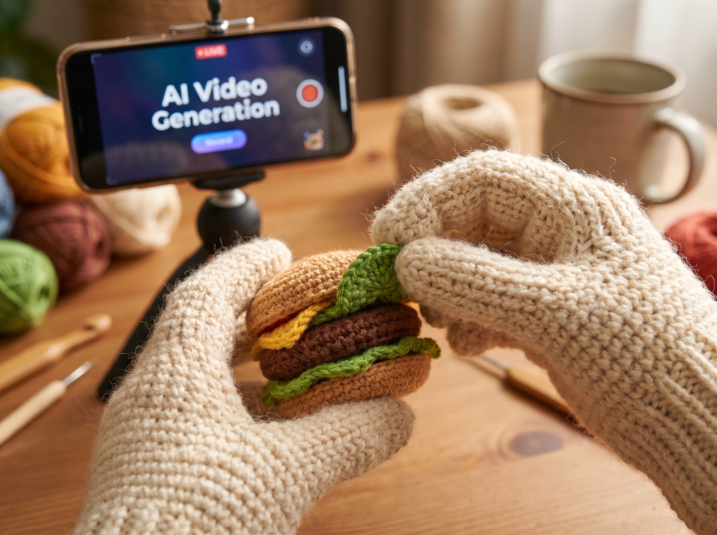Proceso de creación de una hamburguesa de crochet para video ASMR con IA