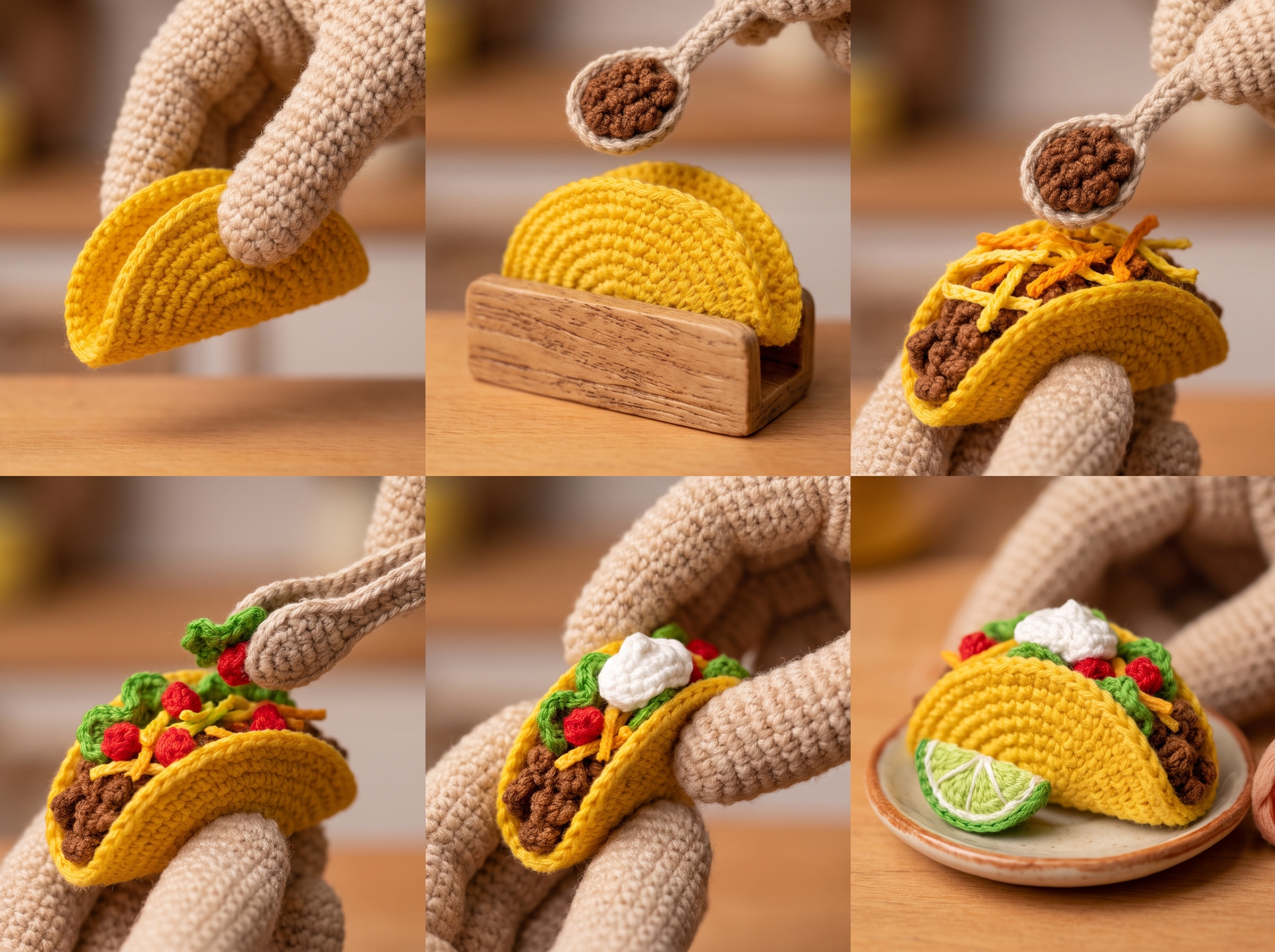 Taco mexicano tejido a crochet en cocina miniatura estilo ASMR