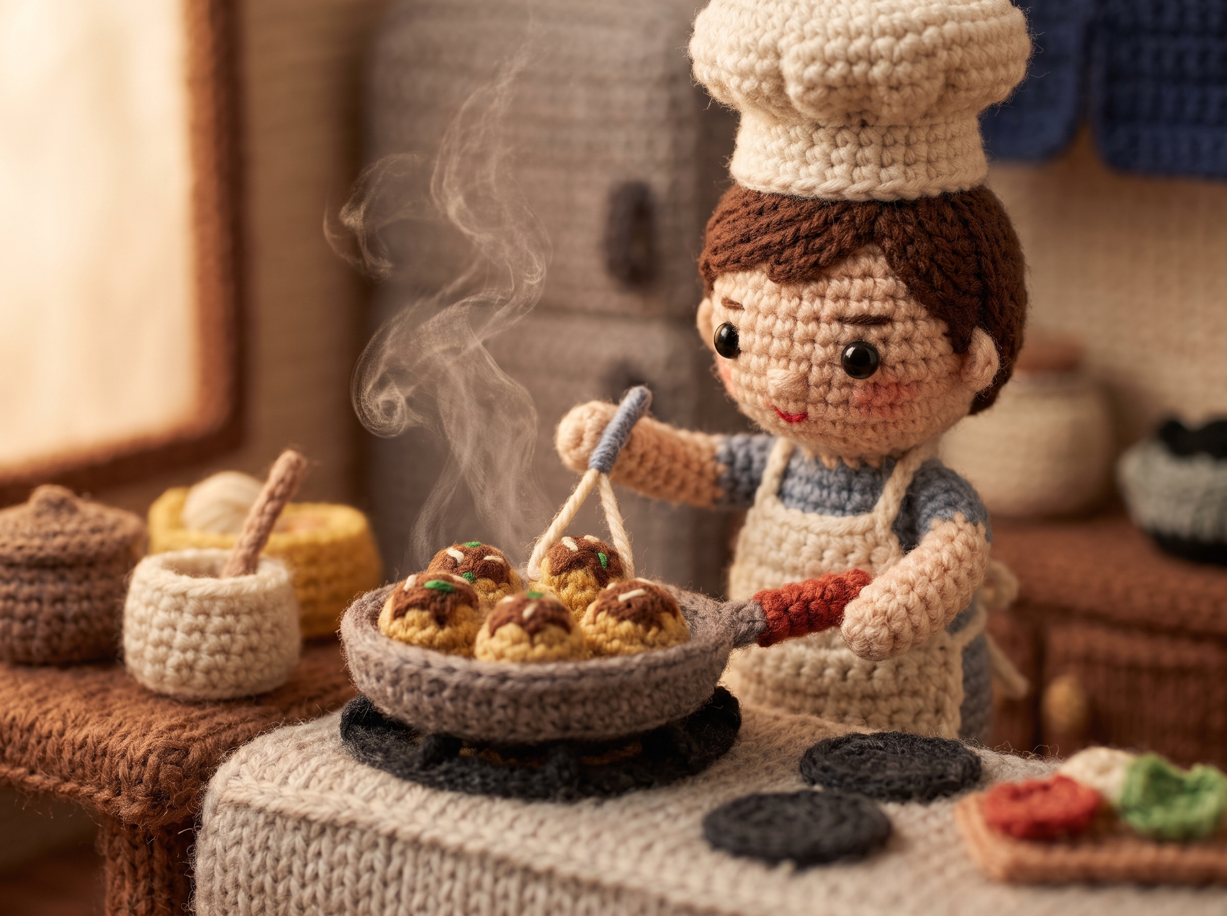 Muñeco amigurumi preparando recetas en videos cocina crochet IA.