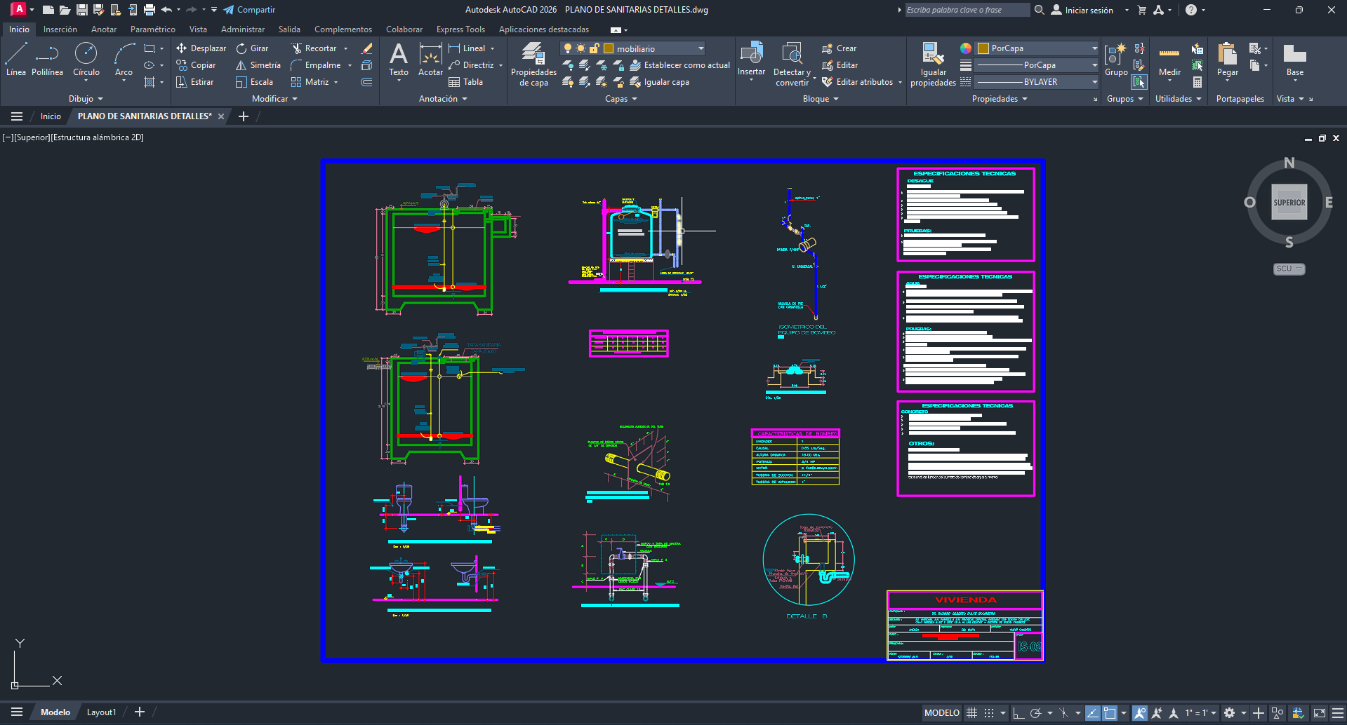 Planos de instalaciones sanitarias y detalles estructurales de cisterna en formato DWG.