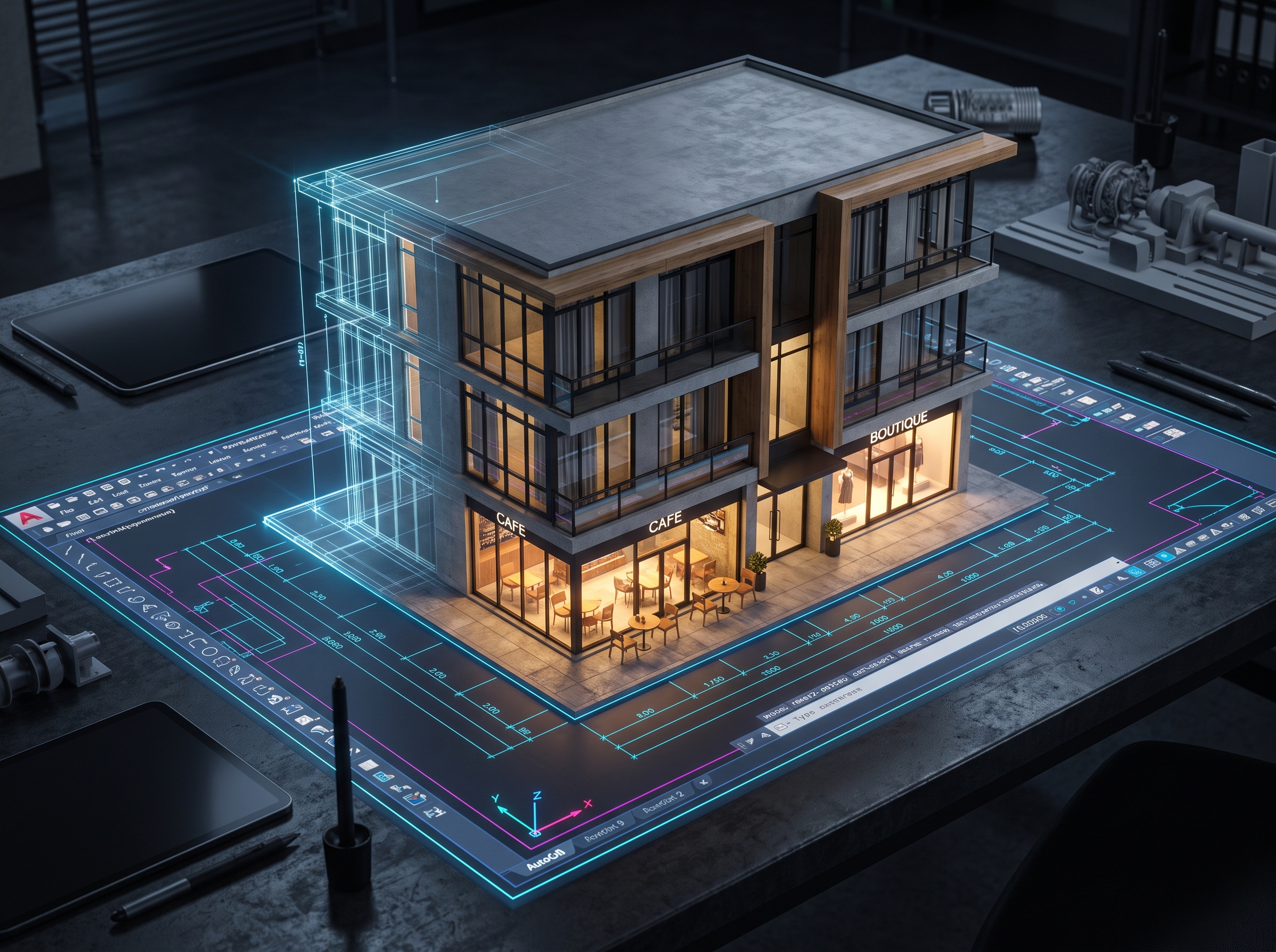 Render 3D emergiendo de planos de vivienda de 3 niveles en AutoCAD con áreas comerciales.